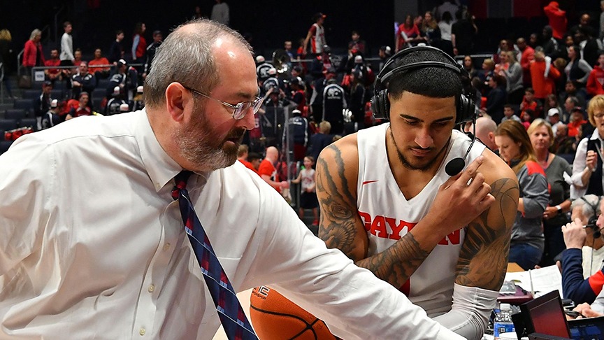 Doug Hauschild with Dayton’s Obi Toppin, the 2020 Naismith and Wooden Player of the Year.